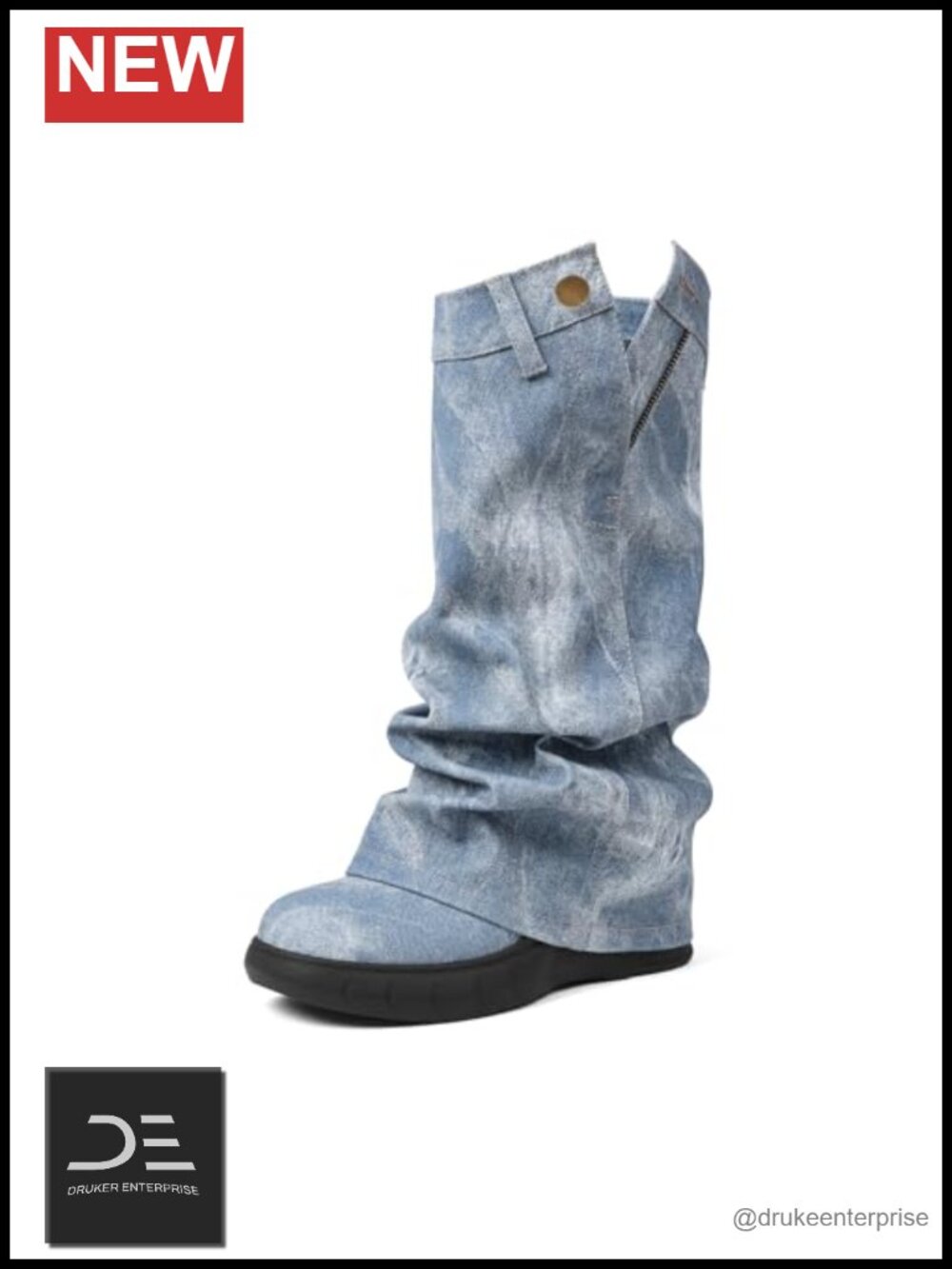 Women's Mid-Calf Jean Boots with Foldover Design PU